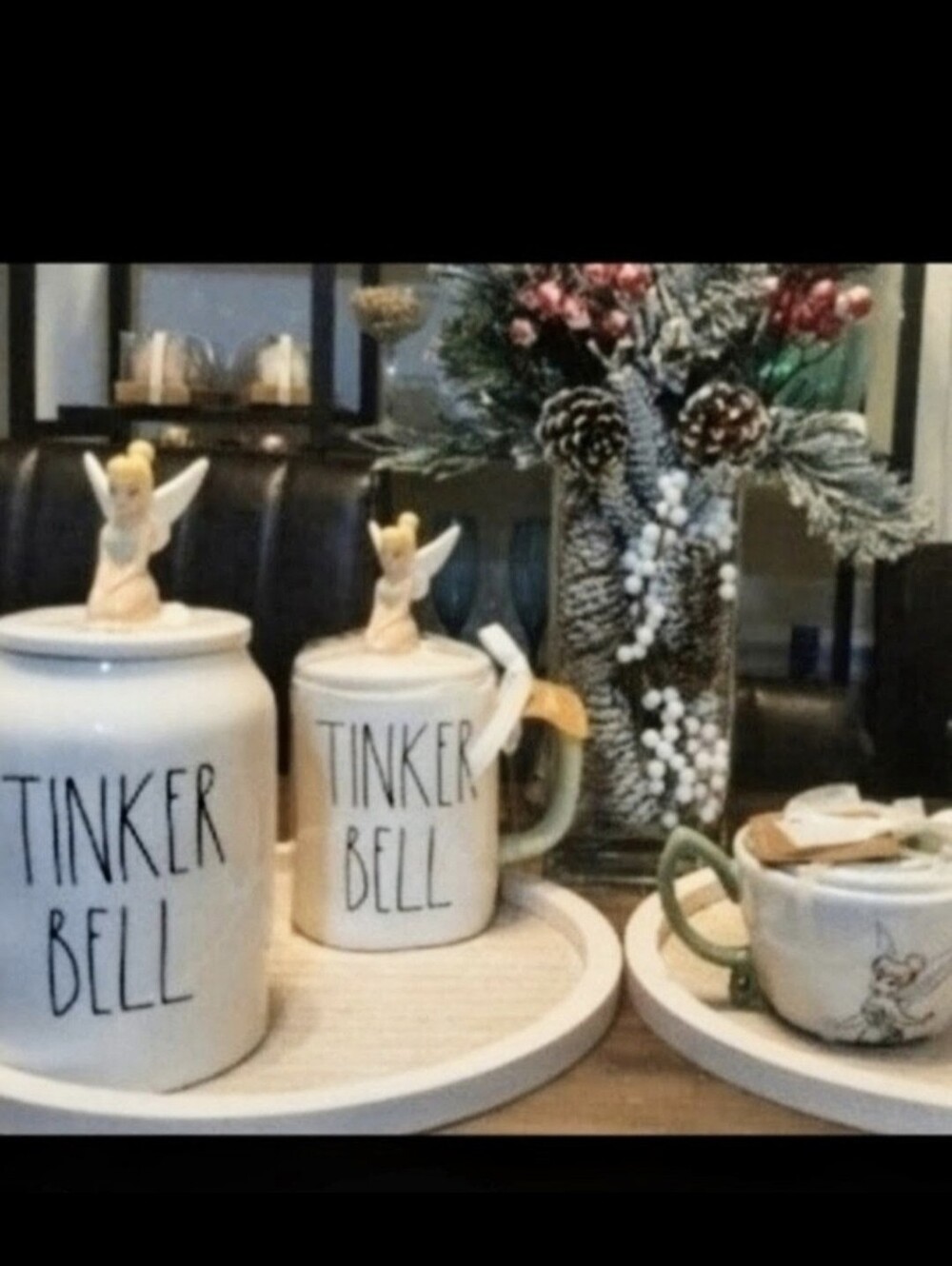 Rae Dunn Tinker Bell Canister + 4pc Measuring Cup Set & Mug With Topper Bundle